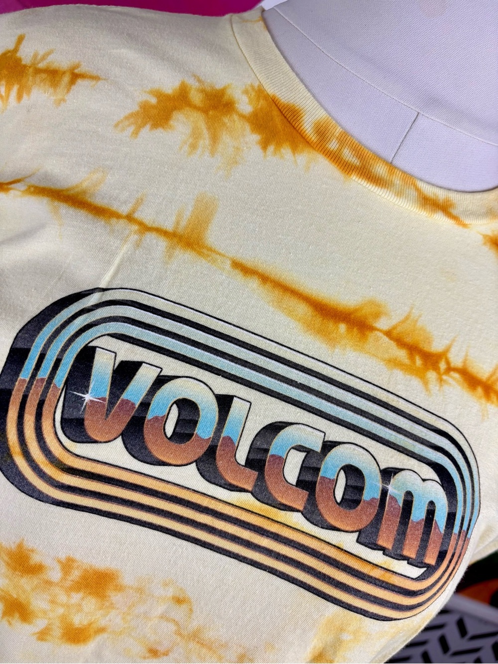 Volcom Yellow + Orange Tie-Dye Cropped Sleeveless Tee - Picture 3 of 4